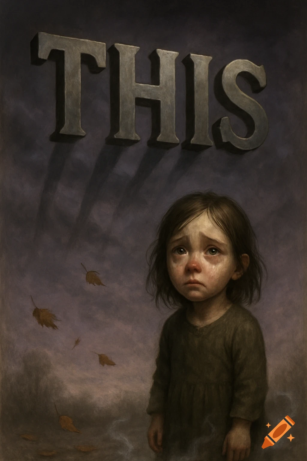 Dark illustration of a crying child beneath large letters spelling "THIS," with falling leaves, conveying sadness.