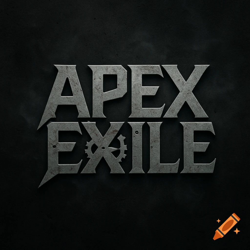 Metallic, industrial band logo for 'Apex Exile' with a gear design in the 'X' on a dark, textured background.