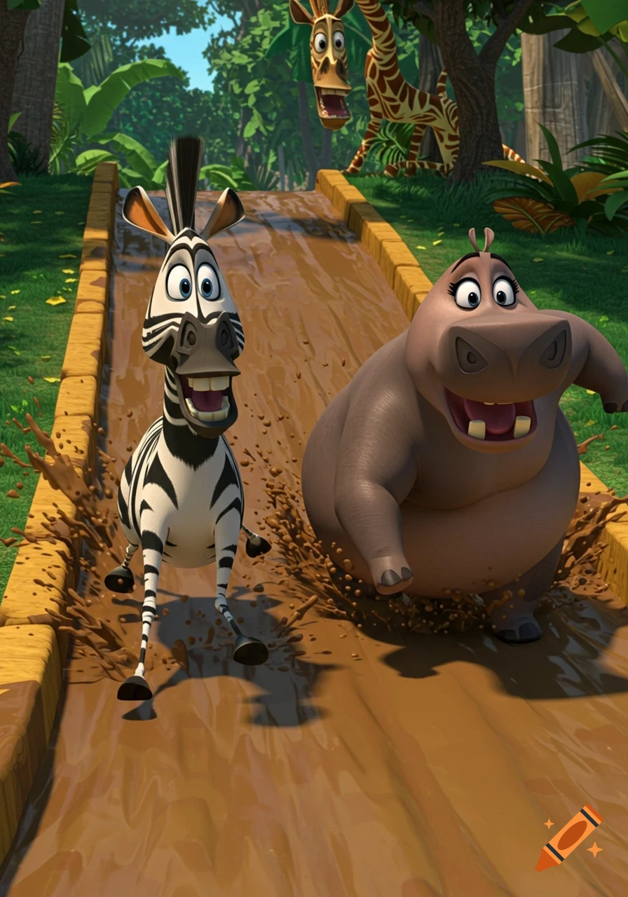 Marty the zebra and Gloria the hippo joyfully slide down a muddy hill, splashing brown mud in a vibrant 3D animated style.