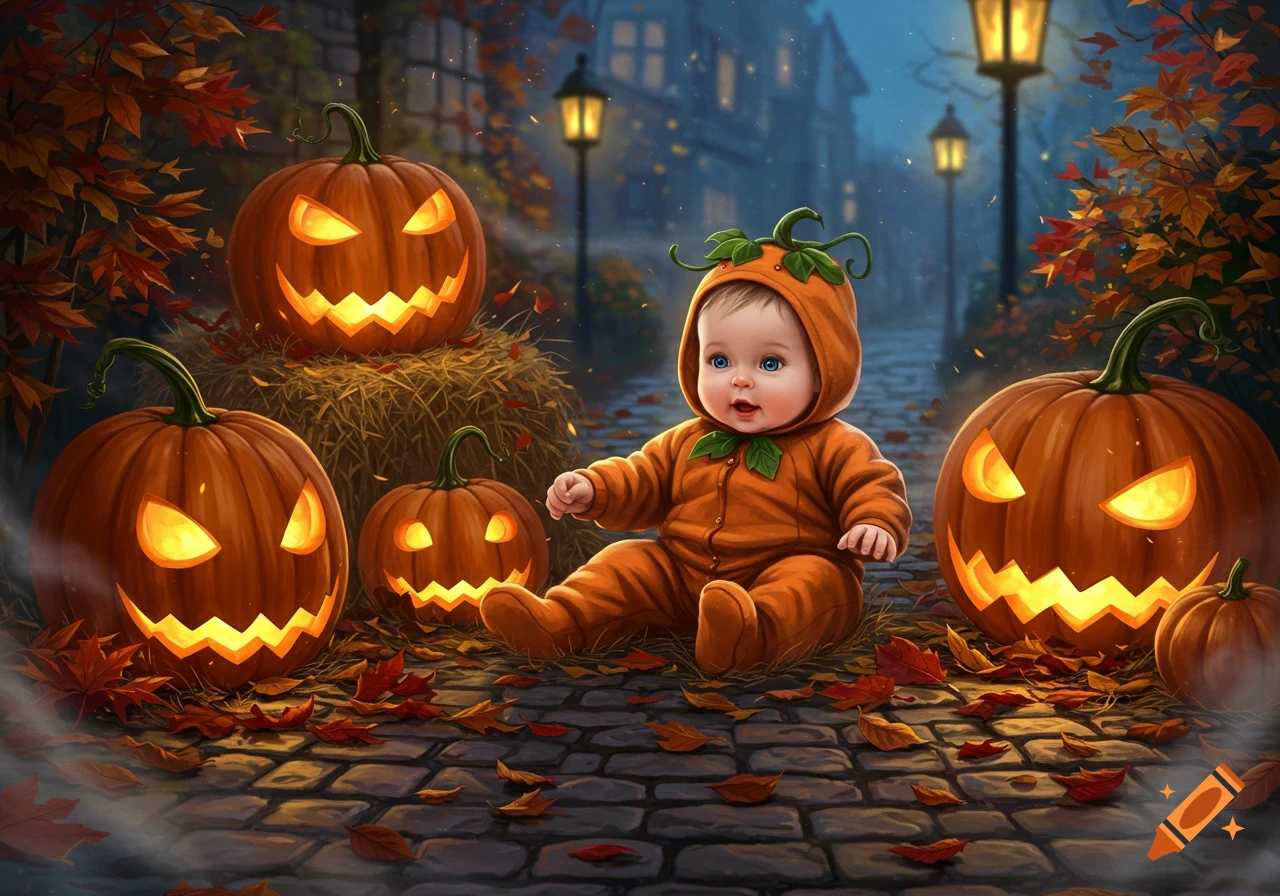 A cute baby in a pumpkin costume sits on a cobblestone path, surrounded by glowing jack-o'-lanterns and autumn leaves in a fall Halloween scene.