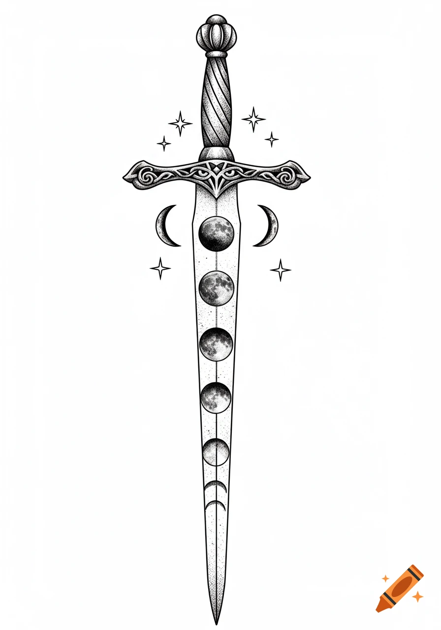 A detailed black and white tattoo design of a sword with moon phases down its blade, flanked by crescent moons and stars.