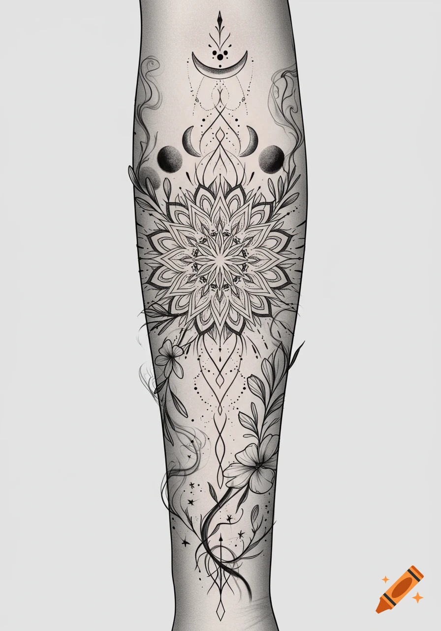 Detailed black and white tattoo design on an arm with a central mandala, crescent moons, and intricate floral patterns.