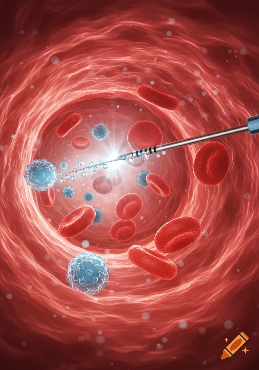 A detailed 3D illustration inside a blood vessel, showing red blood cells, white blood cells, and a medical instrument injecting a substance.