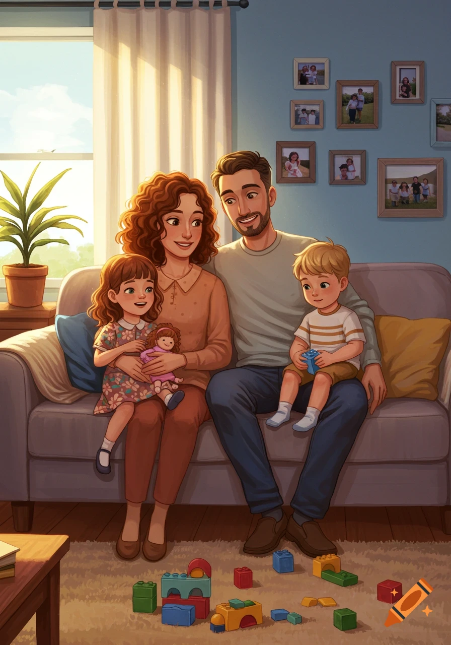 An illustrated family of four, including a mother, father, young daughter, and young son, sitting on a sofa in a sunny living room.