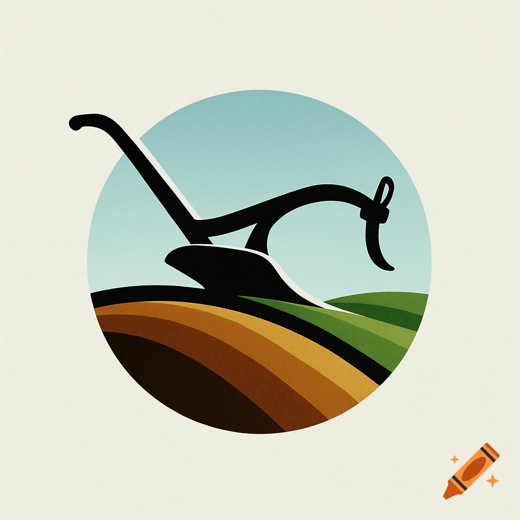 Stylized logo of a black plough over brown and green farmland under a blue sky, within a circle.