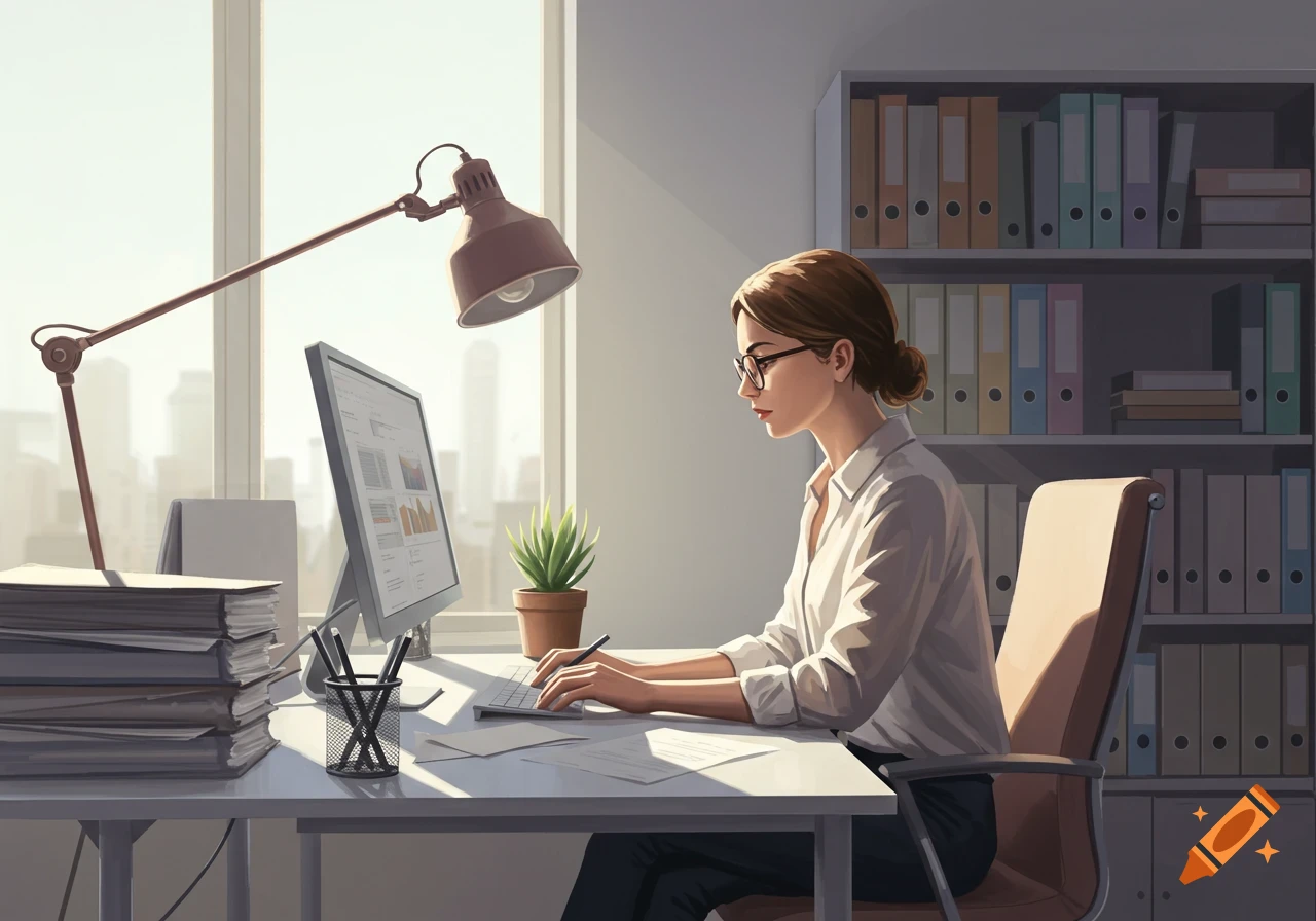 A woman in glasses works on a computer at a sunlit office desk with a lamp, plants, and shelves of files.