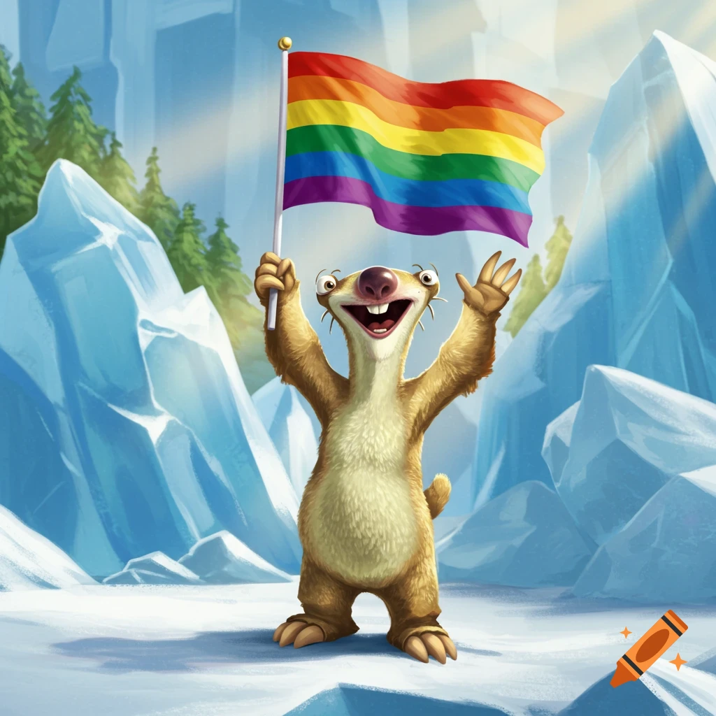 Sid the Sloth from Ice Age joyfully holds an LGBTQ+ rainbow flag in an icy, snowy landscape with mountains and pine trees.