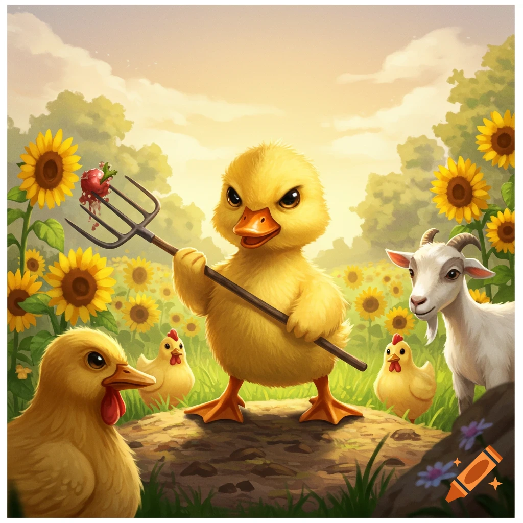 An angry cartoon yellow duckling holds a pitchfork with a strawberry, surrounded by chicks, a goat, and sunflowers in a sunny field.