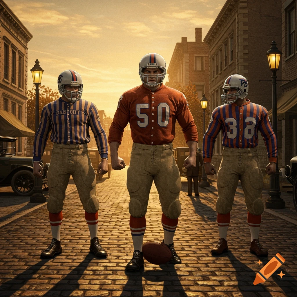 Three football players in vintage 1920s-style uniforms with helmets stand on a cobblestone street in a city at sunset.
