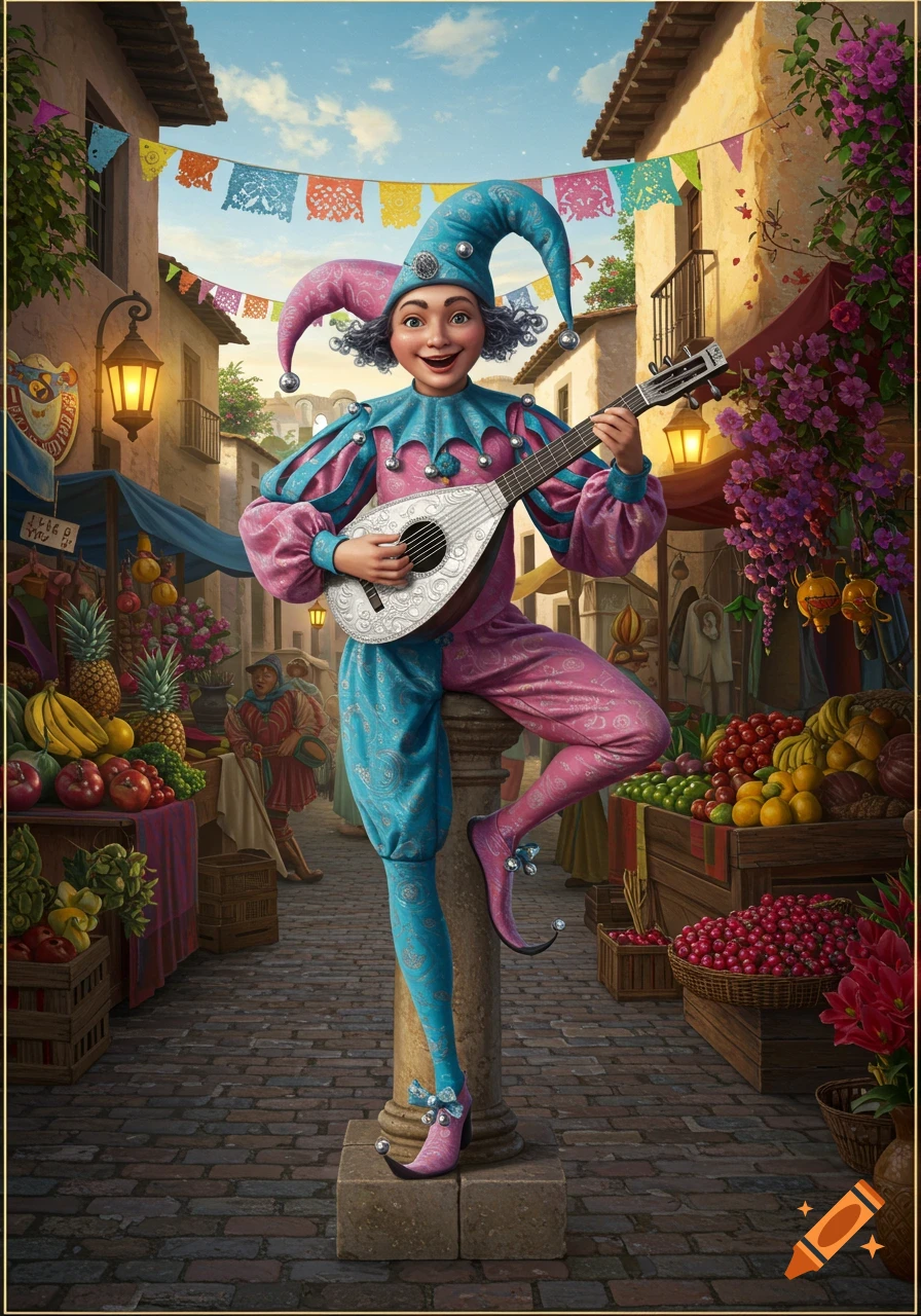 A smiling jester in pink and blue attire plays a mandolin in a vibrant street market with colorful banners and fruit stalls.