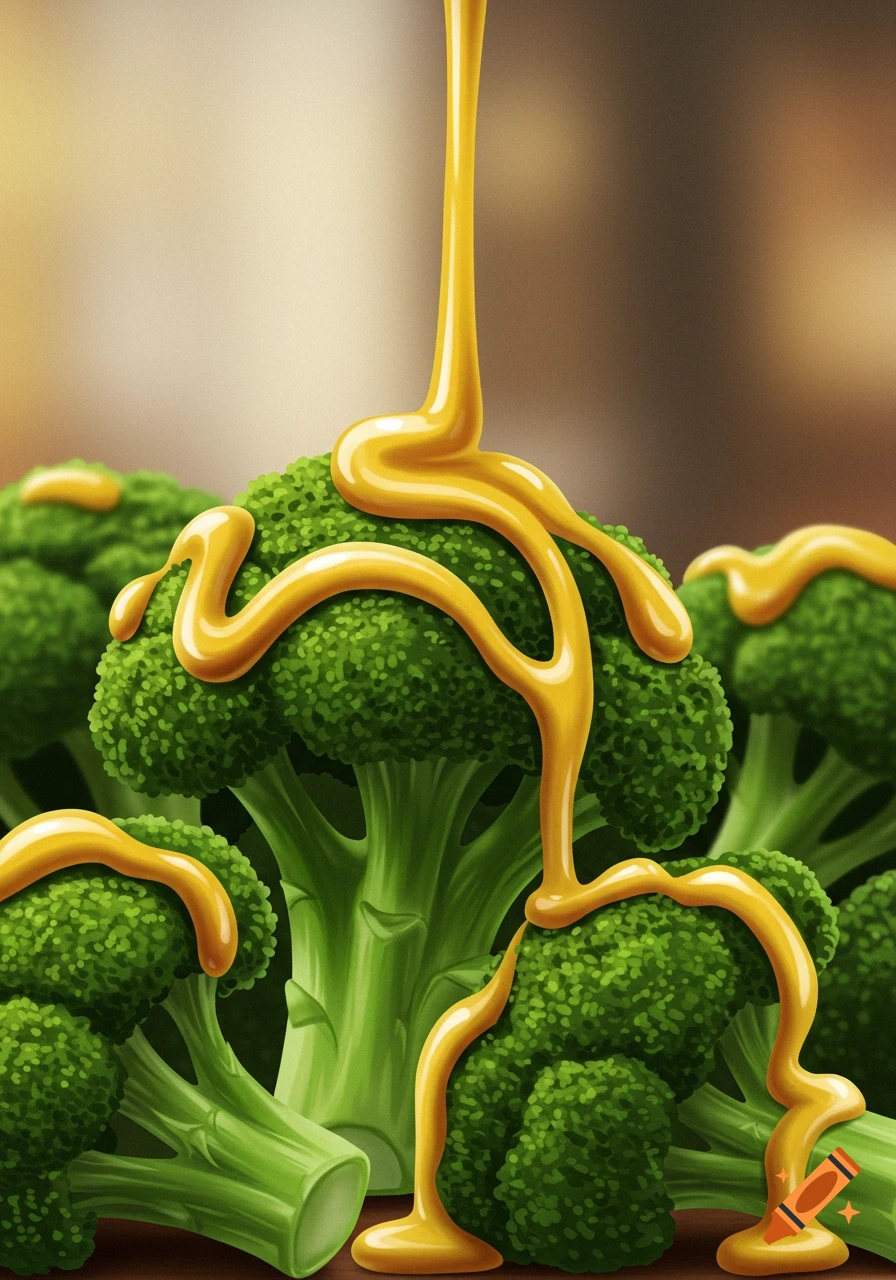 Stylized illustration of vibrant green broccoli florets with bright yellow mustard drizzled over them.