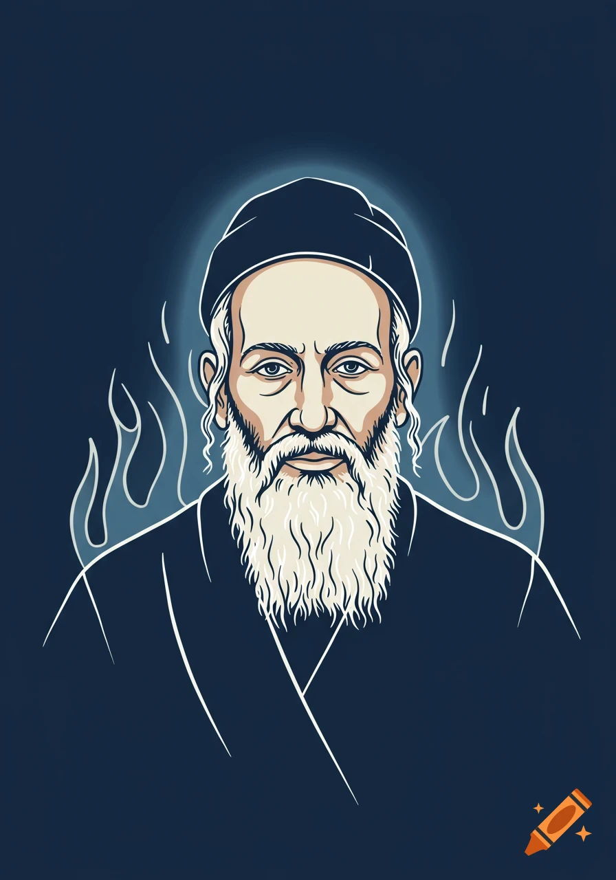 Minimalist vector art portrait of a bearded man in a hat with a glowing spiritual aura and abstract flames on a dark background.
