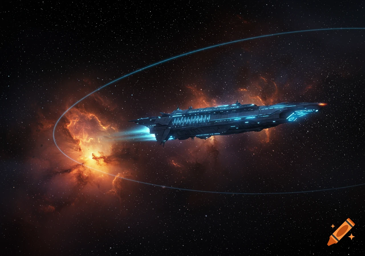 A sleek, futuristic spaceship with glowing blue engines flies through a star-filled galaxy with a vibrant orange nebula.