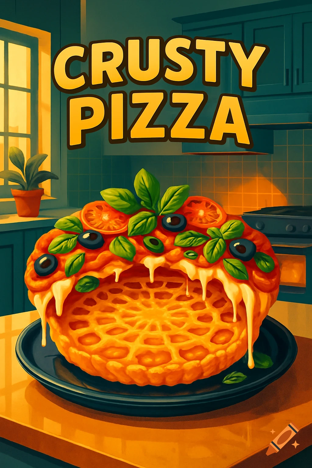 Cartoon illustration of an inverted pizza with toppings on the outer crust and a waffle-like crust in the center, in a kitchen setting.