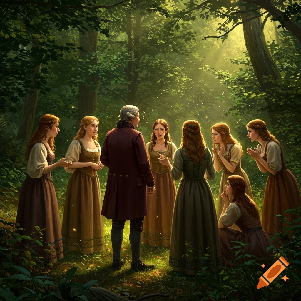 An older man and six young women in historical attire gather in a sunlit forest clearing, appearing to share stories.