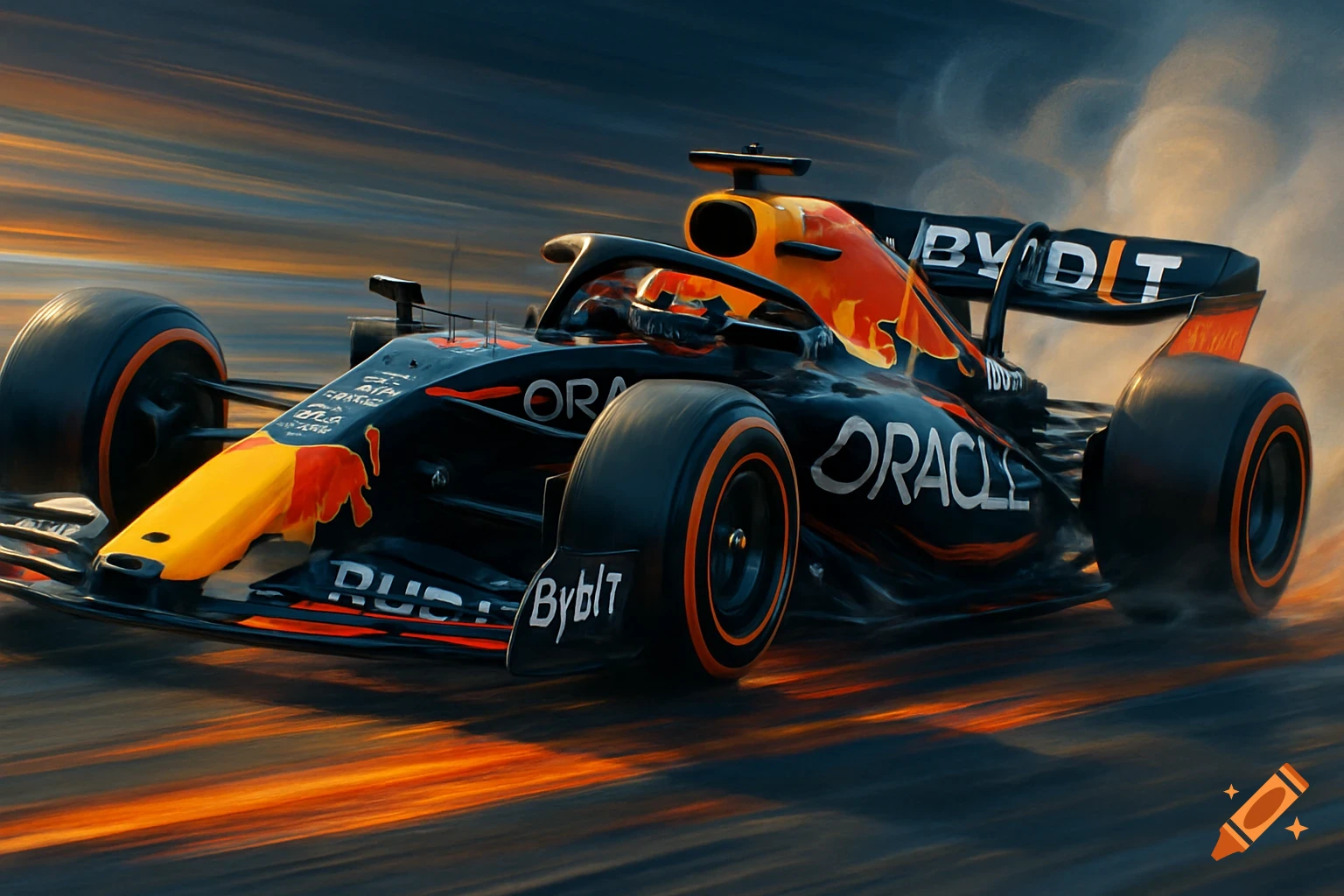 A black and orange Formula 1 race car with "ORACLE" and "BYBIT" logos speeds on a track, creating orange exhaust smoke and motion blur under a dramatic sky.