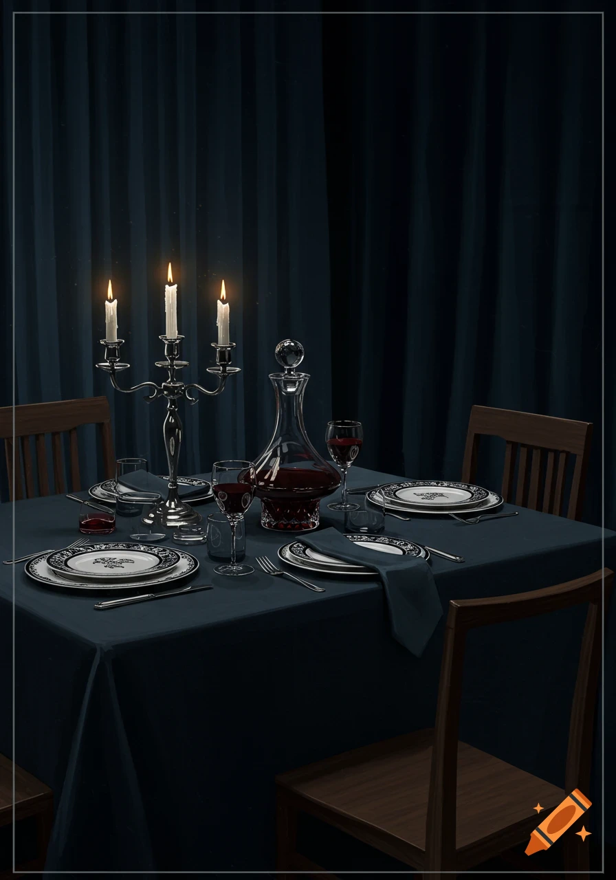 An elegant dining table set for a formal dinner, illuminated by a candelabra, featuring a wine decanter, glasses, and patterned plates on a dark tablecloth.