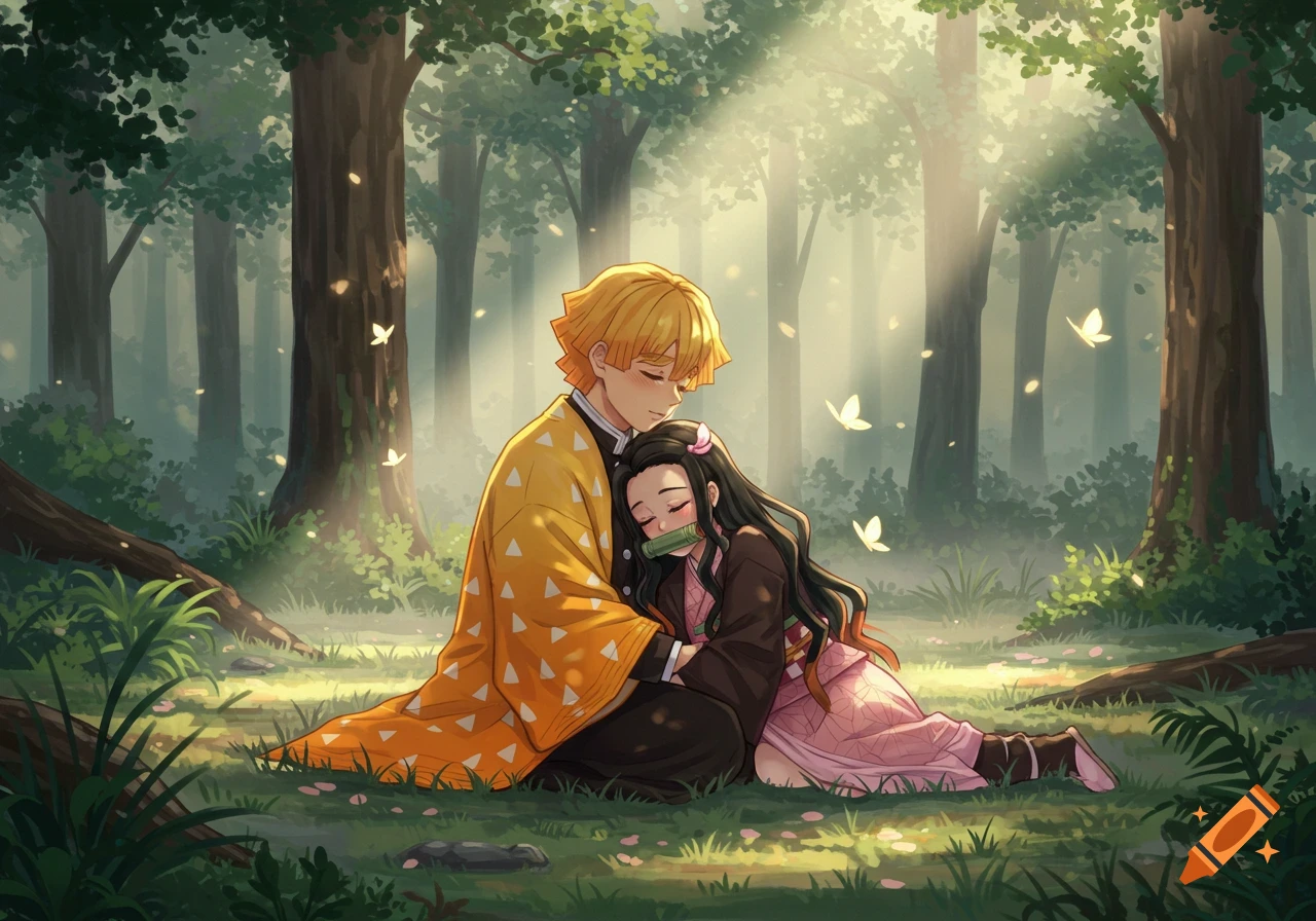 Zenitsu and Nezuko from Demon Slayer embrace tenderly in a sun-dappled forest with butterflies.