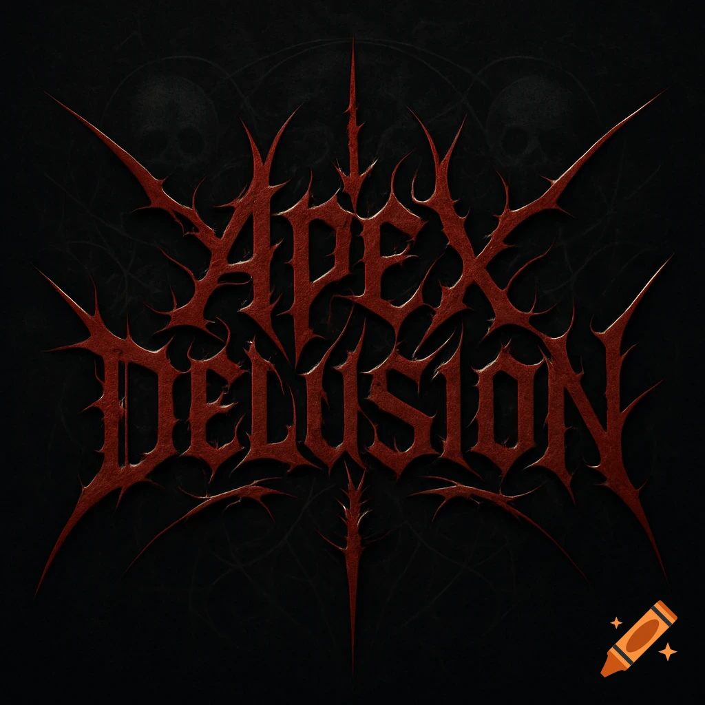 A red thorny death metal logo reads 'Apex Delusion' on a dark, textured background with subtle skull patterns.
