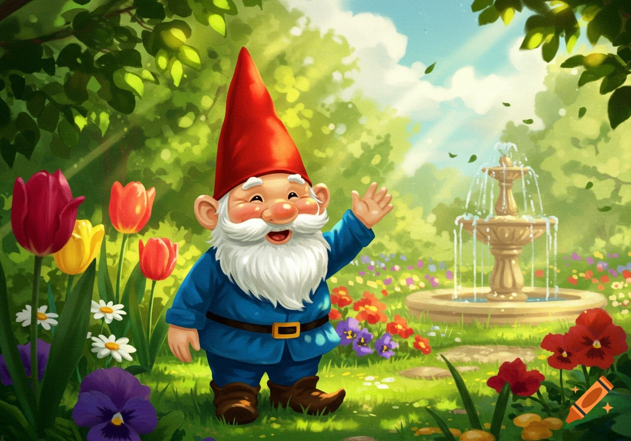 A cartoon garden gnome with a red hat and white beard waves in a vibrant garden with colorful flowers and a fountain.