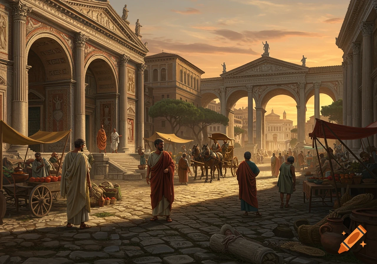 A bustling ancient Roman market scene at sunset, with toga-clad people, chariots, and grand classical architecture.