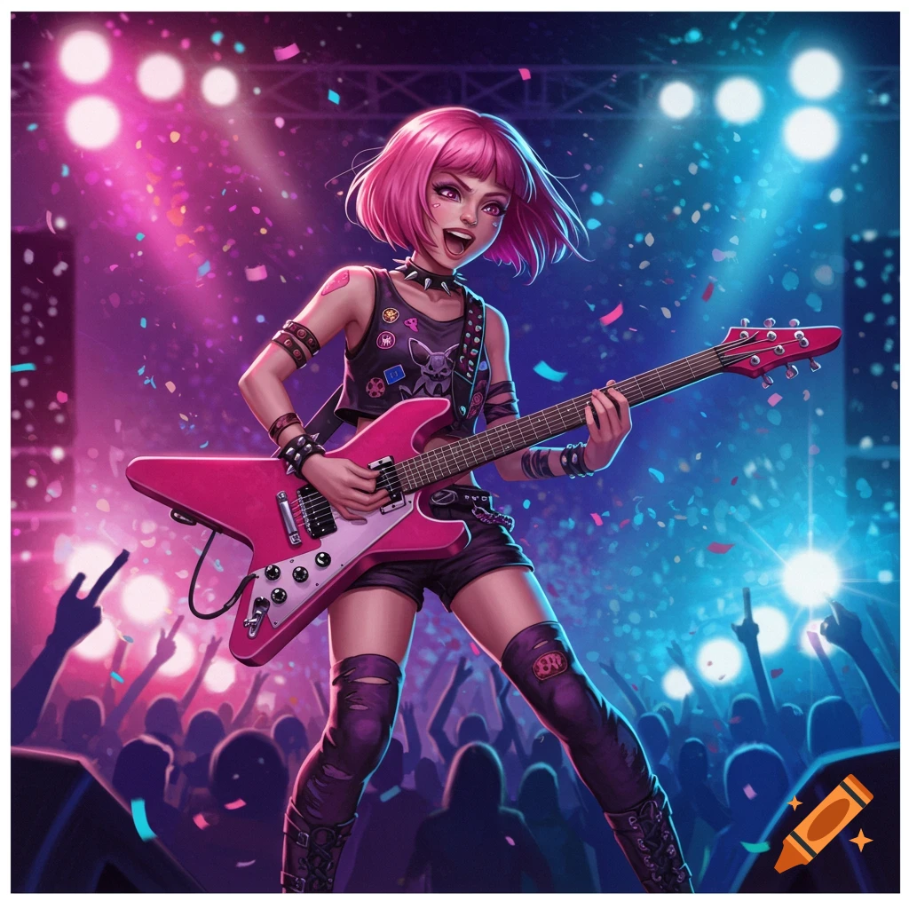 Anime-style pink-haired punk girl playing a pink electric guitar on a ...
