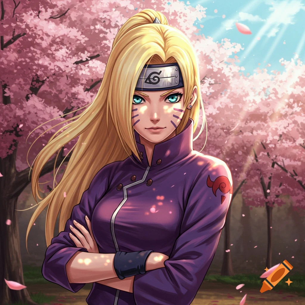 A blonde anime woman with blue eyes, wearing a purple jacket and a ninja headband, stands with crossed arms amidst cherry blossoms.