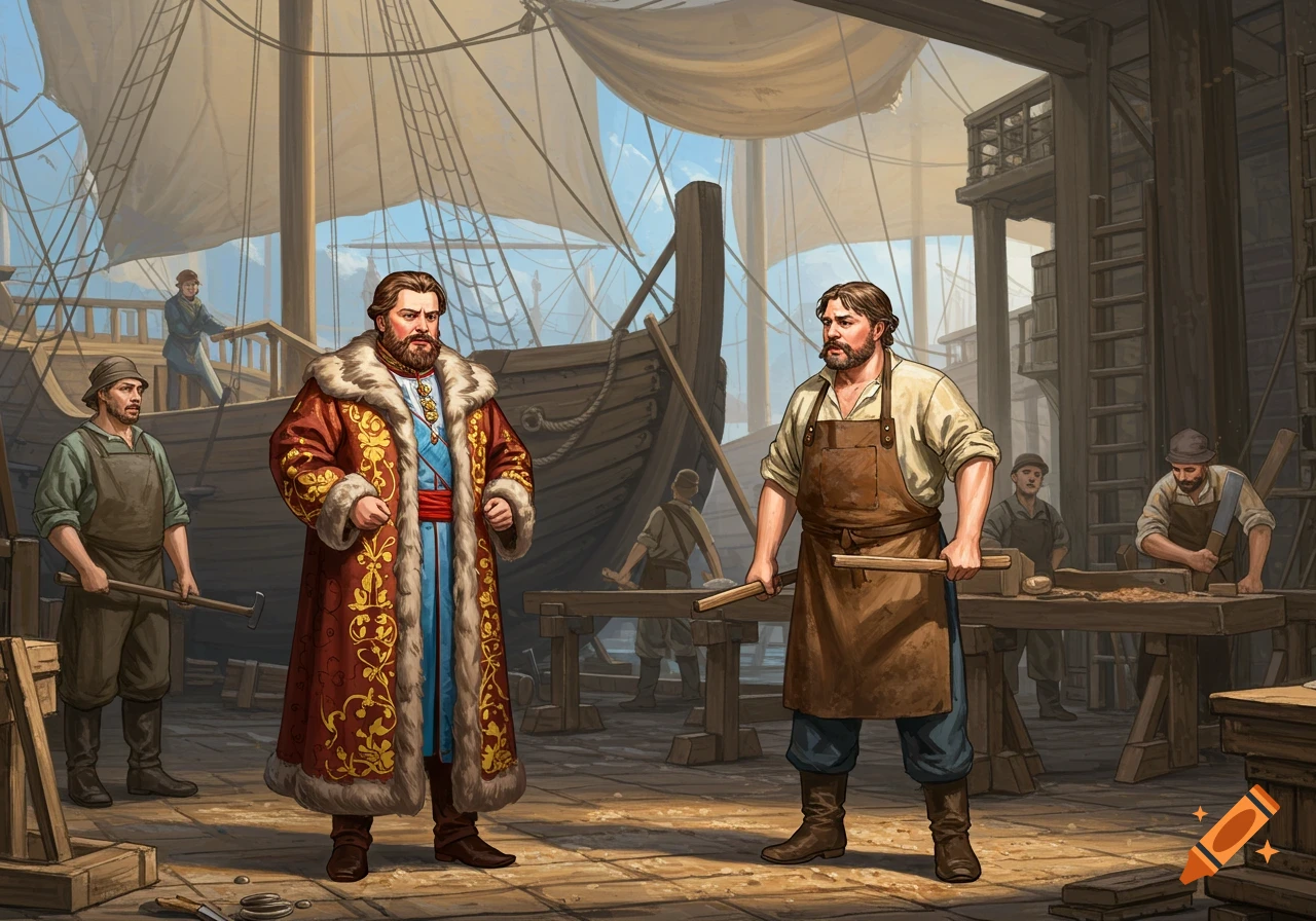 A richly dressed man in a fur-trimmed coat and a carpenter in an apron stand in a busy shipyard with other workers and a large wooden ship.