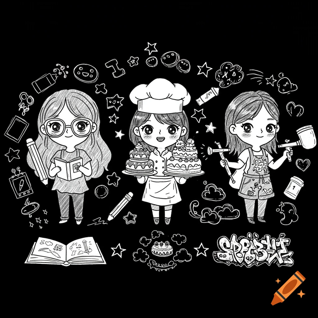 Three kawaii-style cartoon women in black and white sketch art: an illustrator reading, a pastry chef holding cakes, and an aerographist with spray tools, surrounded by related doodles.
