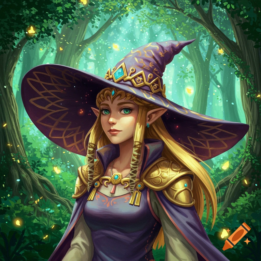 Digital art of an elf-like woman resembling Zelda, wearing a purple witch hat and armor, in an enchanted forest.