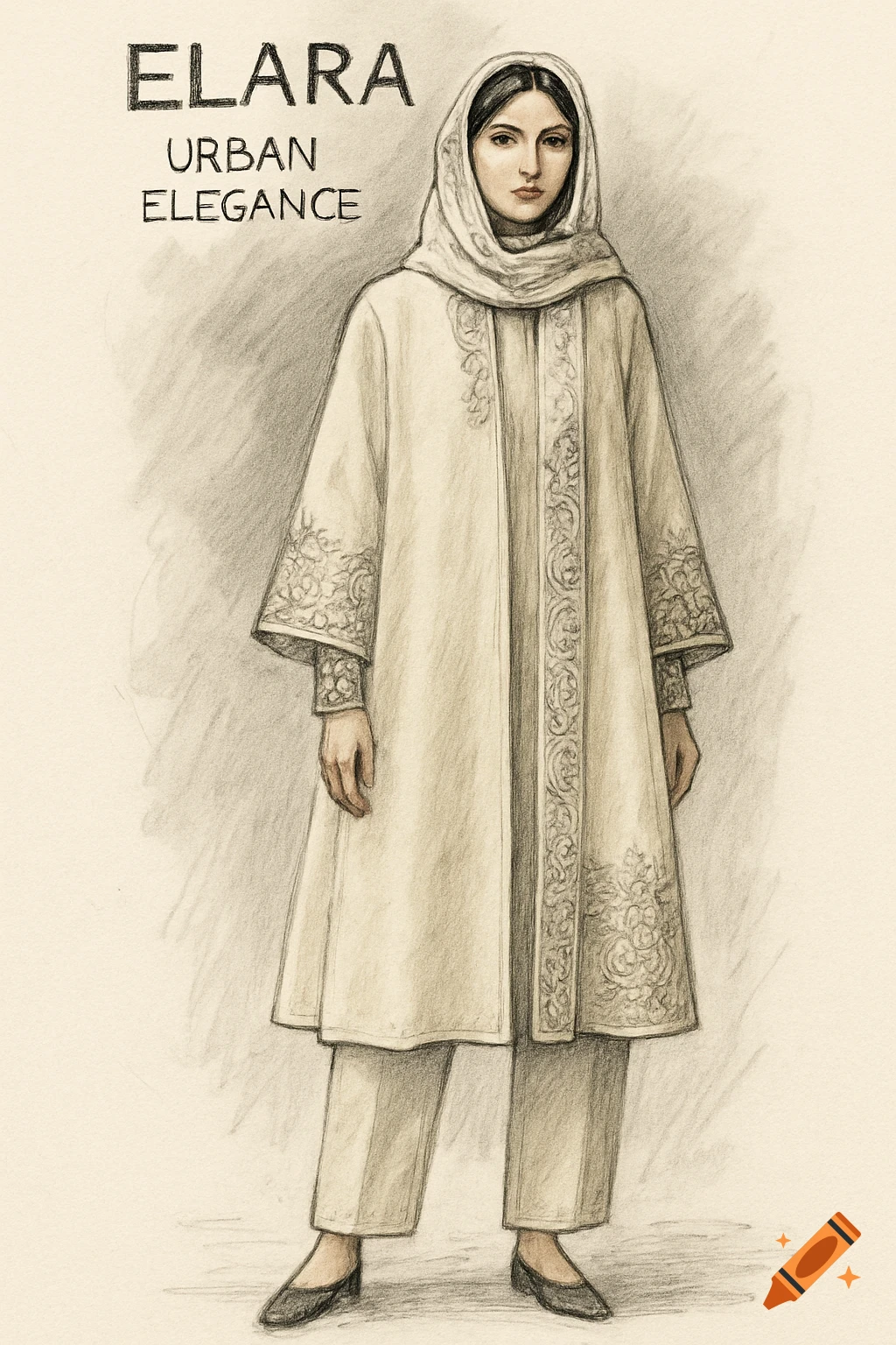 Hand-drawn fashion sketch of a woman in an Iranian-inspired cream manteau, trousers, and head covering, with 'ELARA URBAN ELEGANCE' text.