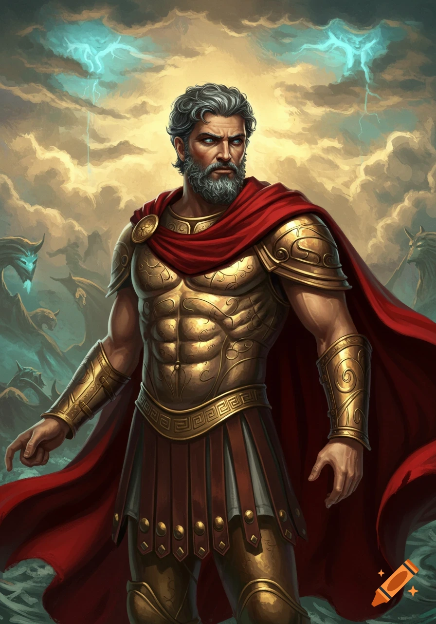 A powerful bearded man in golden armor and red cape, with lightning in a stormy sky, digital art.