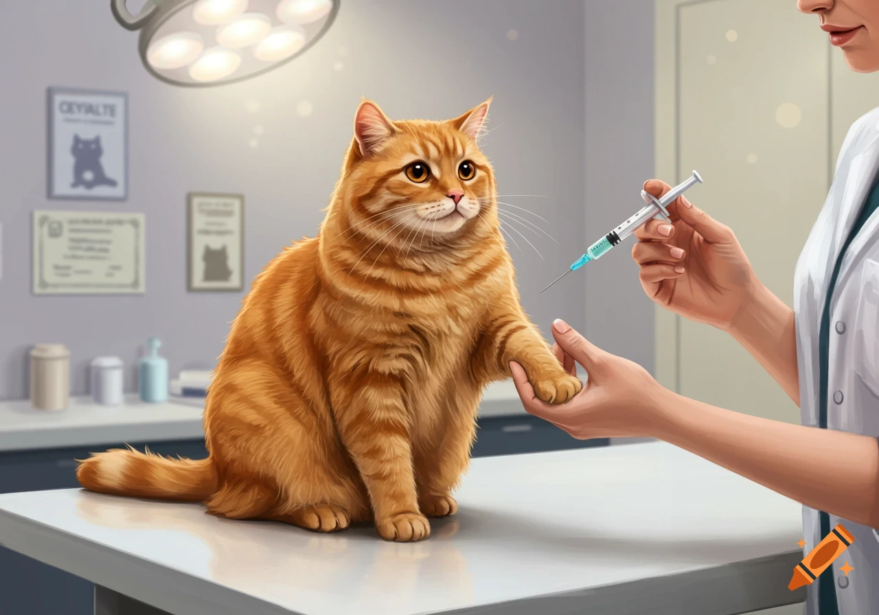 A ginger cat sits on an exam table, looking at a vet preparing a syringe for vaccination in a clinic.