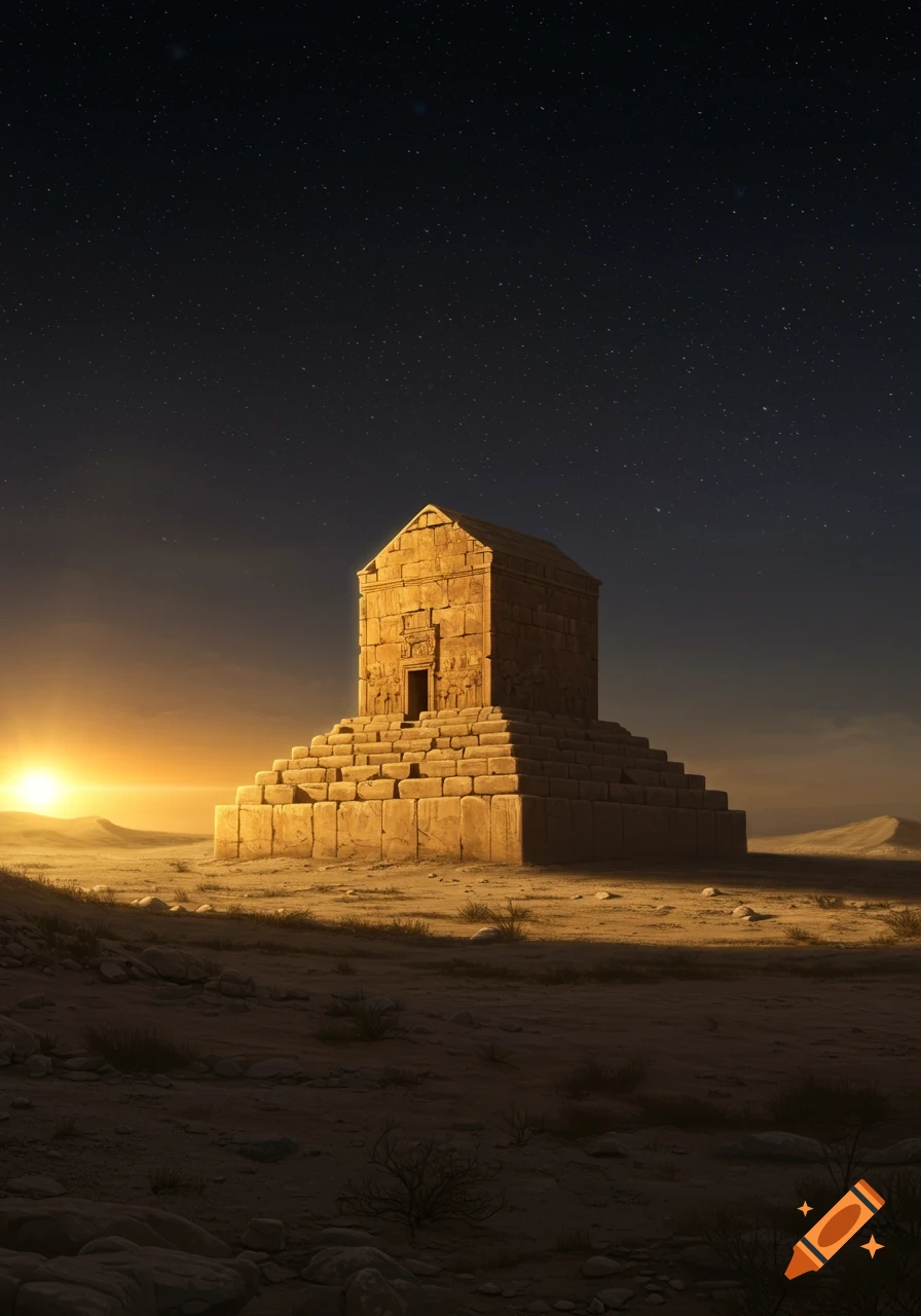 Ancient stone tomb with a stepped base in a vast desert landscape under a starry night sky, with a bright sun rising on the horizon.