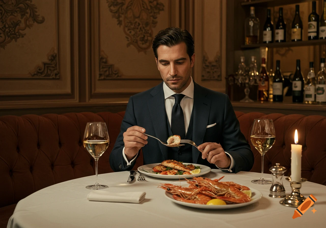 A well-dressed man in a suit eats seafood and drinks white wine at a formal restaurant table, with a candle and bottles in the background.