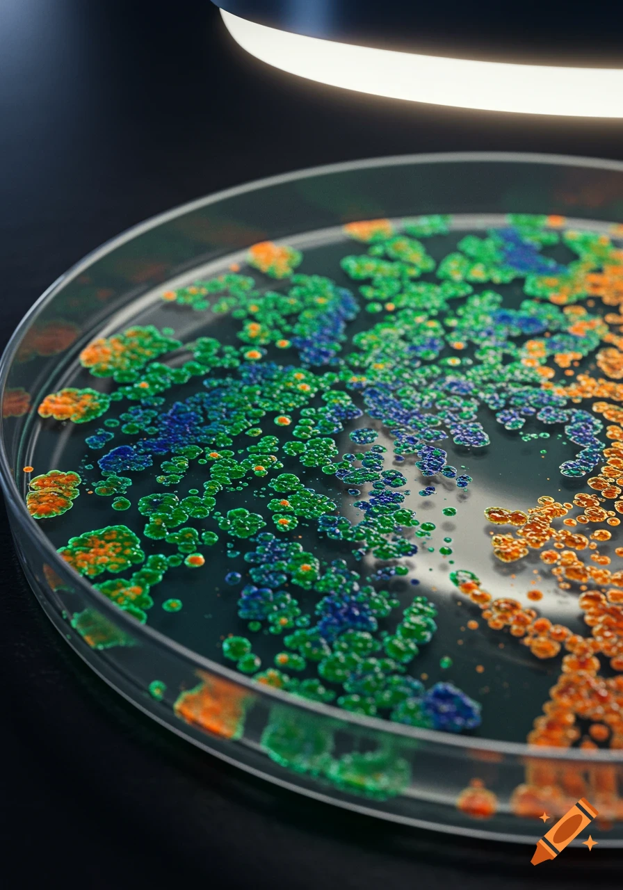 A close-up of a petri dish filled with colorful green, blue, and orange bacterial colonies under a bright light.