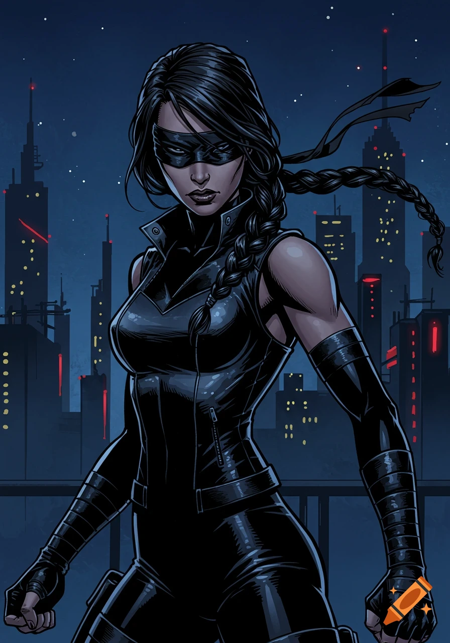 A vigilante woman with braided dark hair and a blindfold, wearing a black leather outfit, stands against a dark city skyline at night in a comic art style.