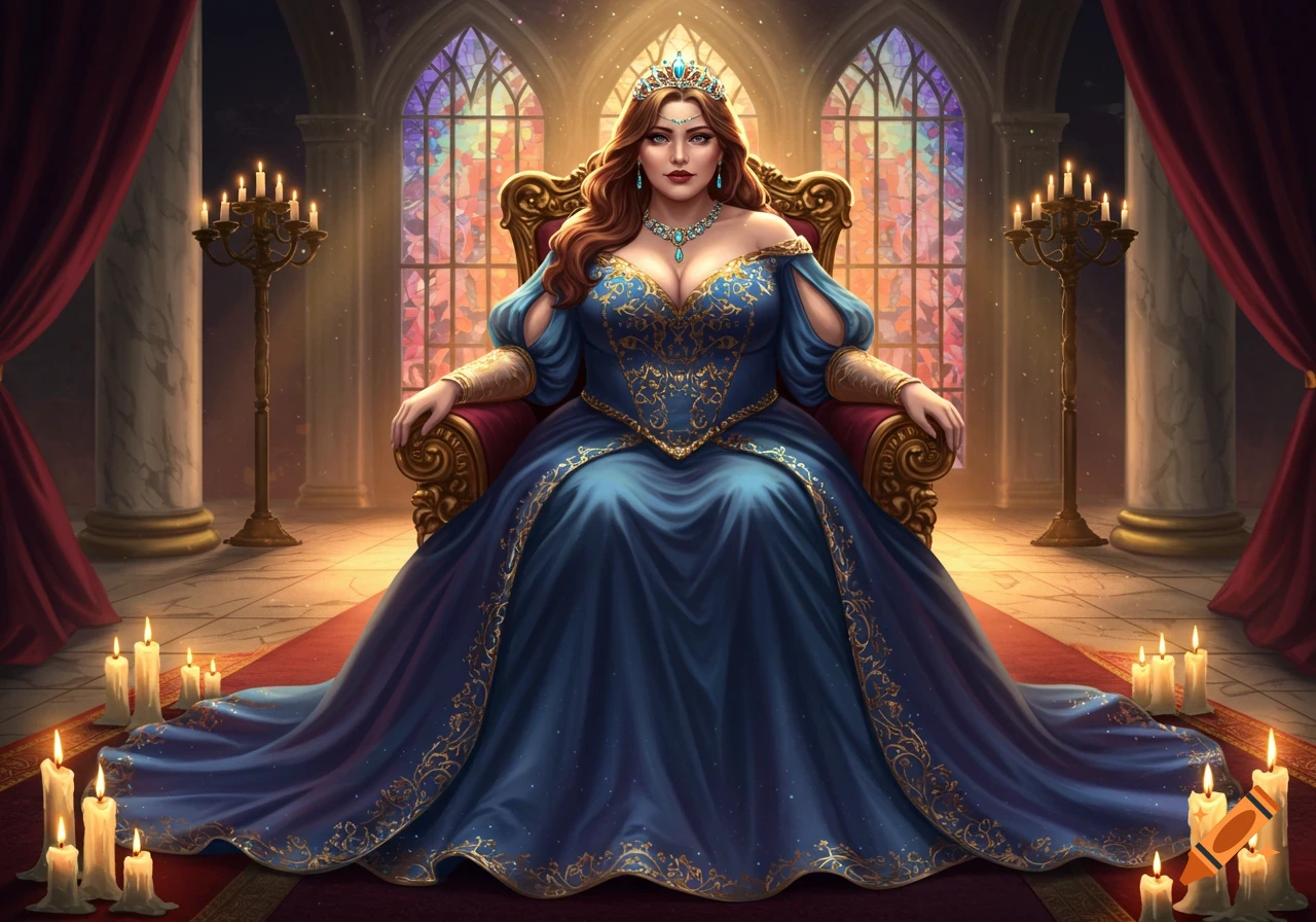 A full-figured queen in a lavish blue and gold gown sits on a golden throne in a candlelit castle room with stained-glass windows.