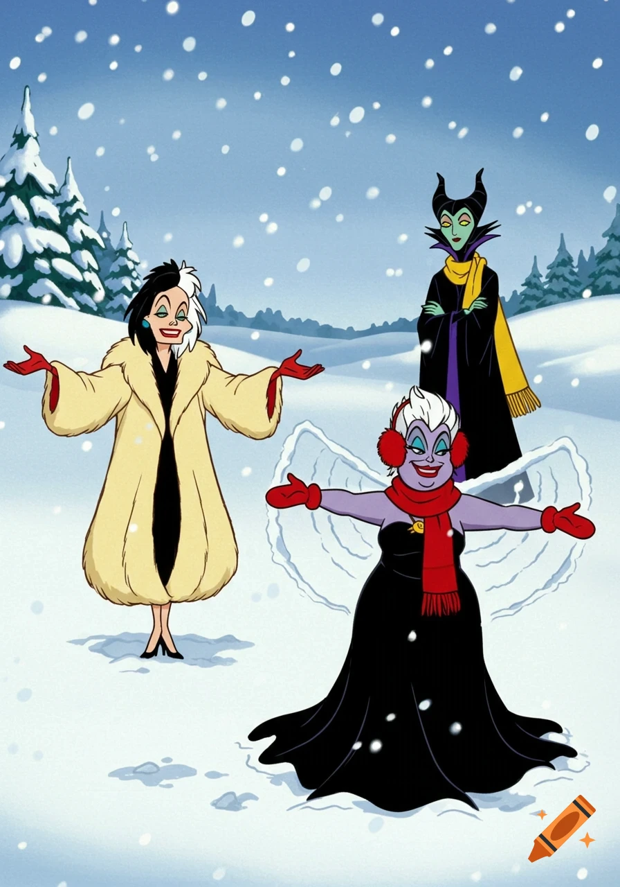 Cruella de Vil, Ursula, and Maleficent in a cartoon winter scene. Cruella and Ursula make snow angels, while Maleficent watches.
