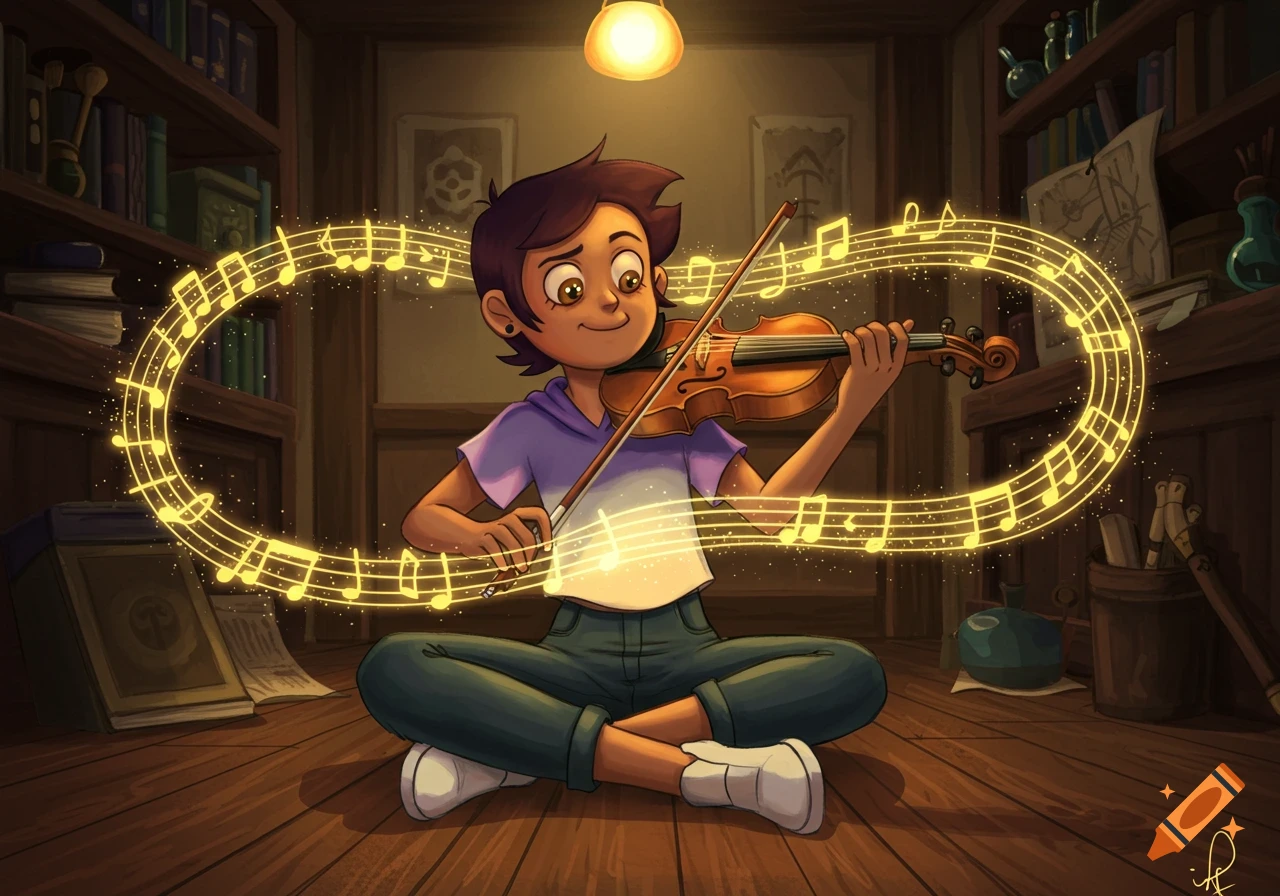 Luz Noceda sits cross-legged on a wooden floor, playing a violin as glowing musical notes float around her in a cozy room filled with bookshelves.