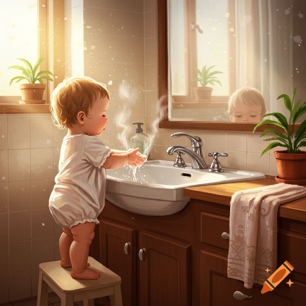 A digitally illustrated toddler washes hands at a bathroom sink, standing on a stool in warm sunlight.