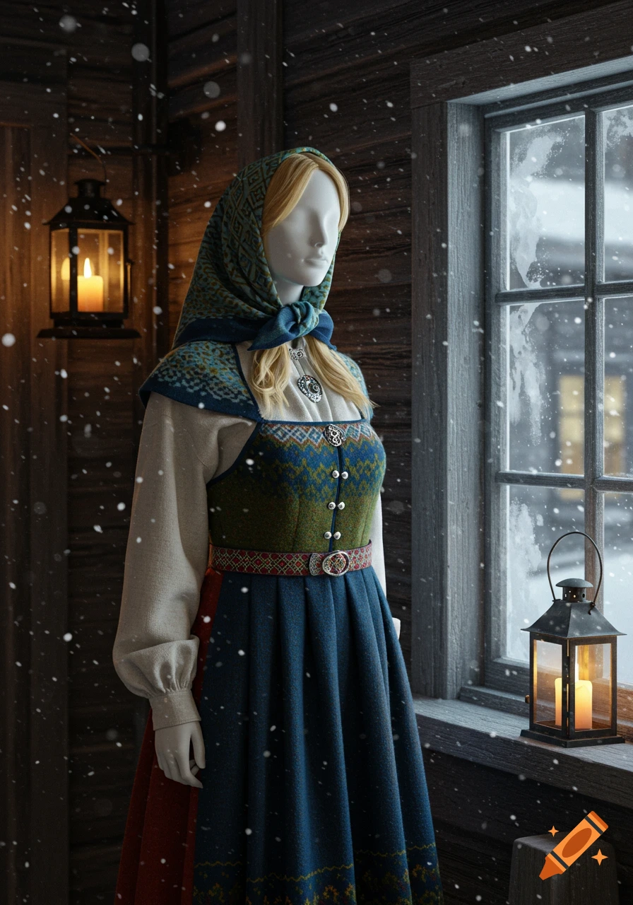 A mannequin wearing traditional Scandinavian clothing stands in a wooden cabin with snow falling outside a frosted window, illuminated by lanterns.