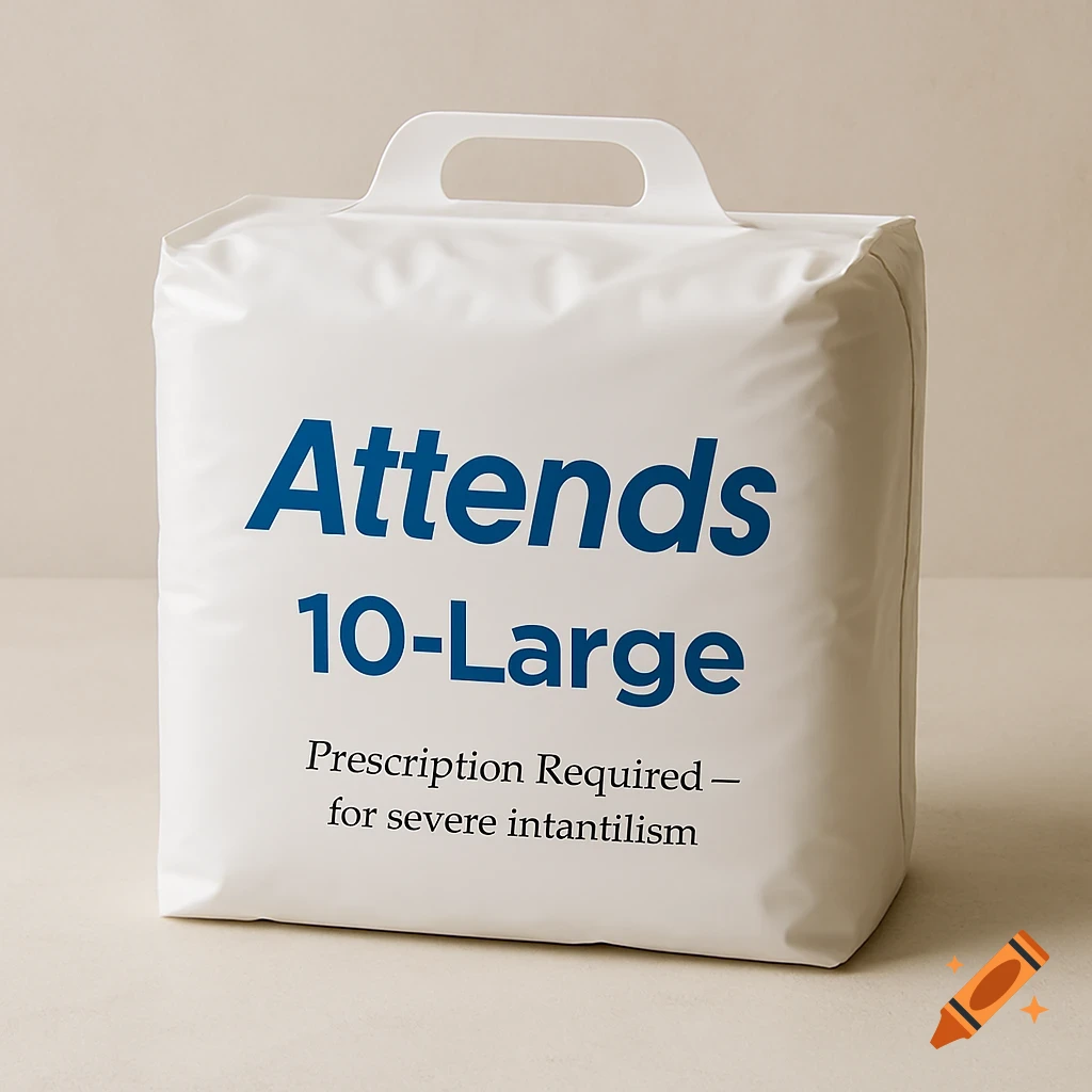 White package of 'Attends 10-Large' with a handle, featuring text 'Prescription Required - for severe intantilism'.