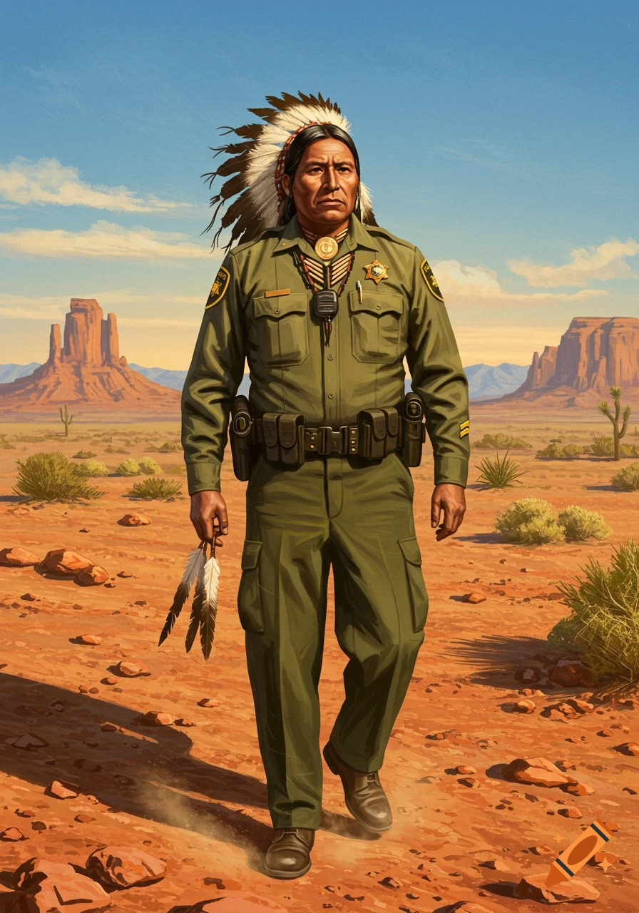A Native American man in border patrol uniform and headdress holds feathers while walking through a desert with mesas.