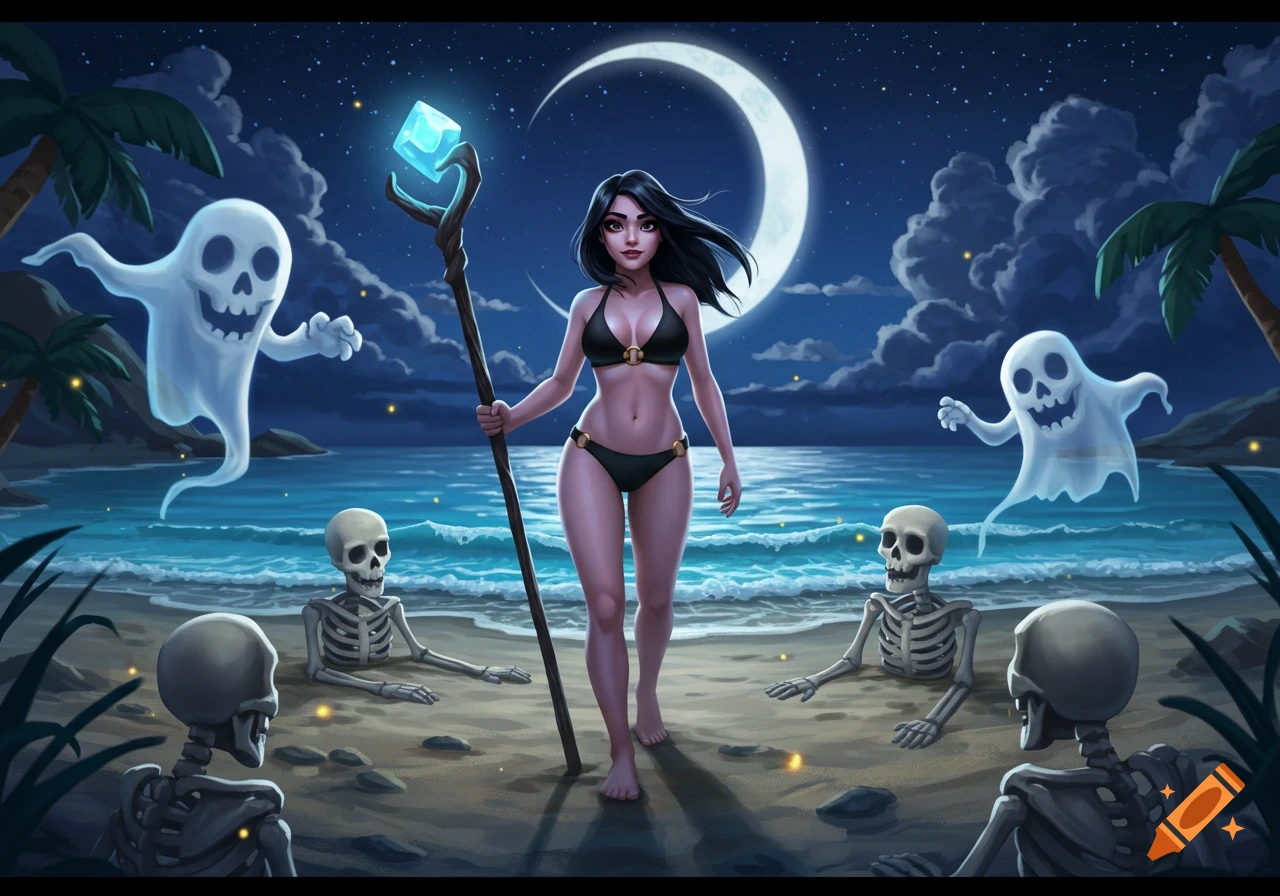 A dark-haired woman in a black bikini holds a staff with a glowing crystal, standing on a moonlit beach with two smiling ghosts and four skeletons emerging from the sand.