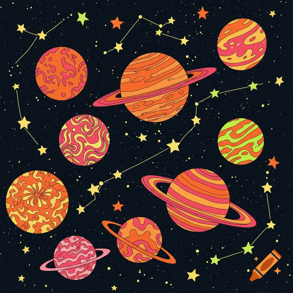 Colorful planets with rings and stars form constellations in a funky 70s style illustration against a dark, starry background.