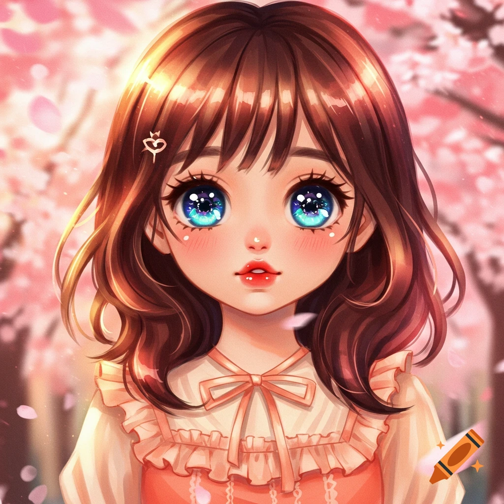Close-up of a cute anime girl with big blue eyes and brown hair, wearing a ruffled dress, against a soft pink background with falling cherry blossoms.