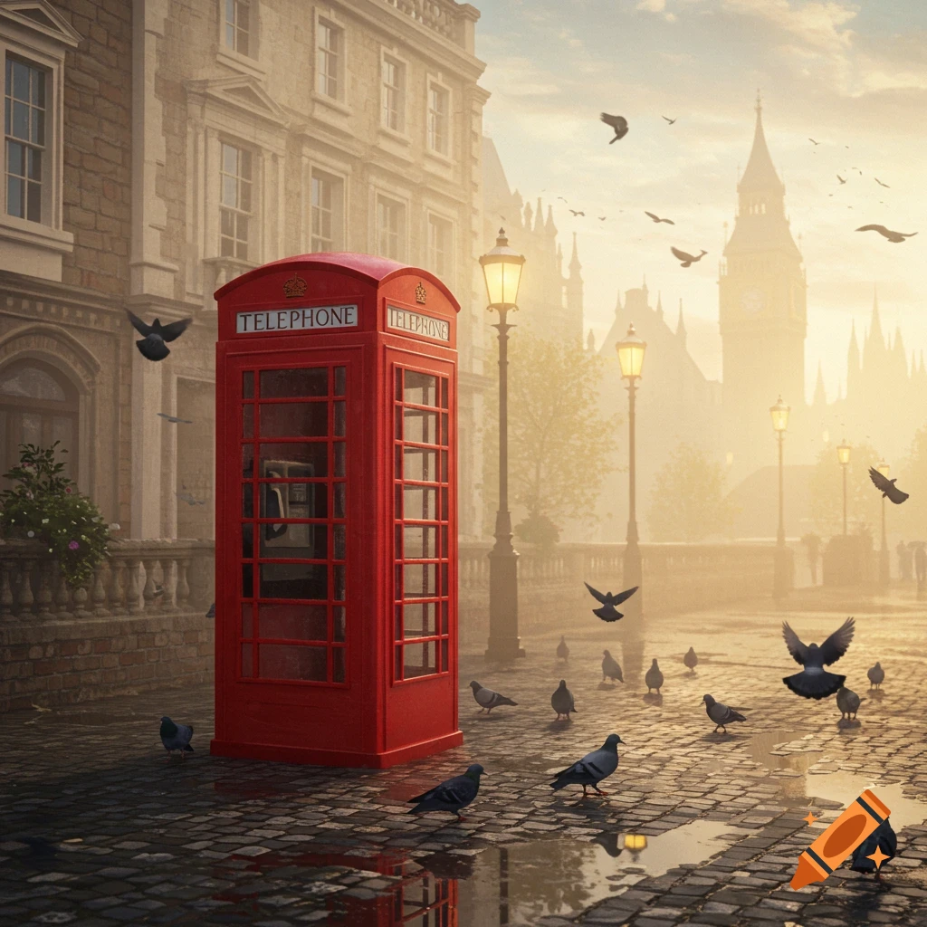 A red telephone booth stands on a wet cobblestone street with pigeons, overlooking a foggy London cityscape with Big Ben.