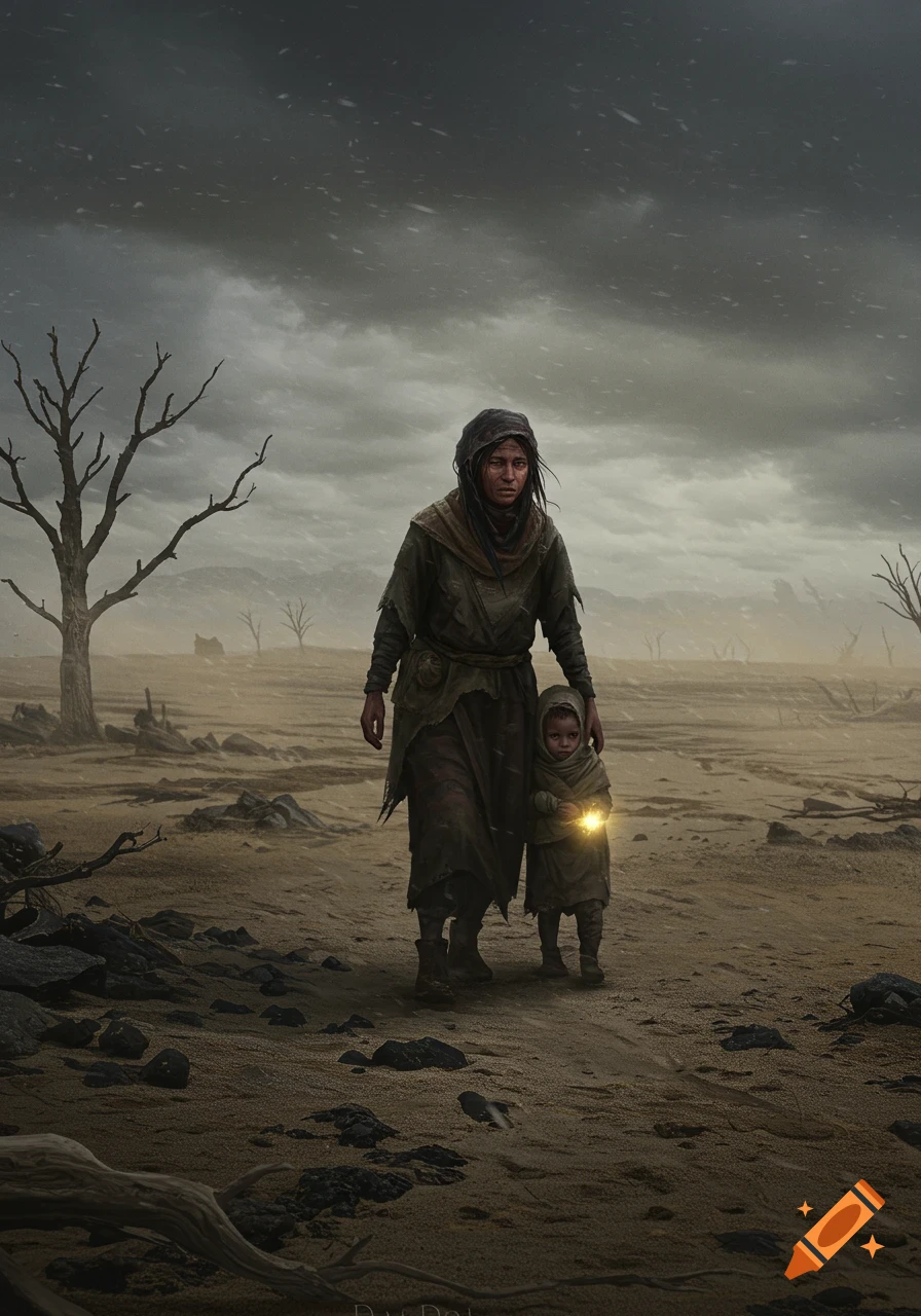 A somber digital art image of a mother and child walking through a desolate, stormy landscape. The child holds a glowing light.