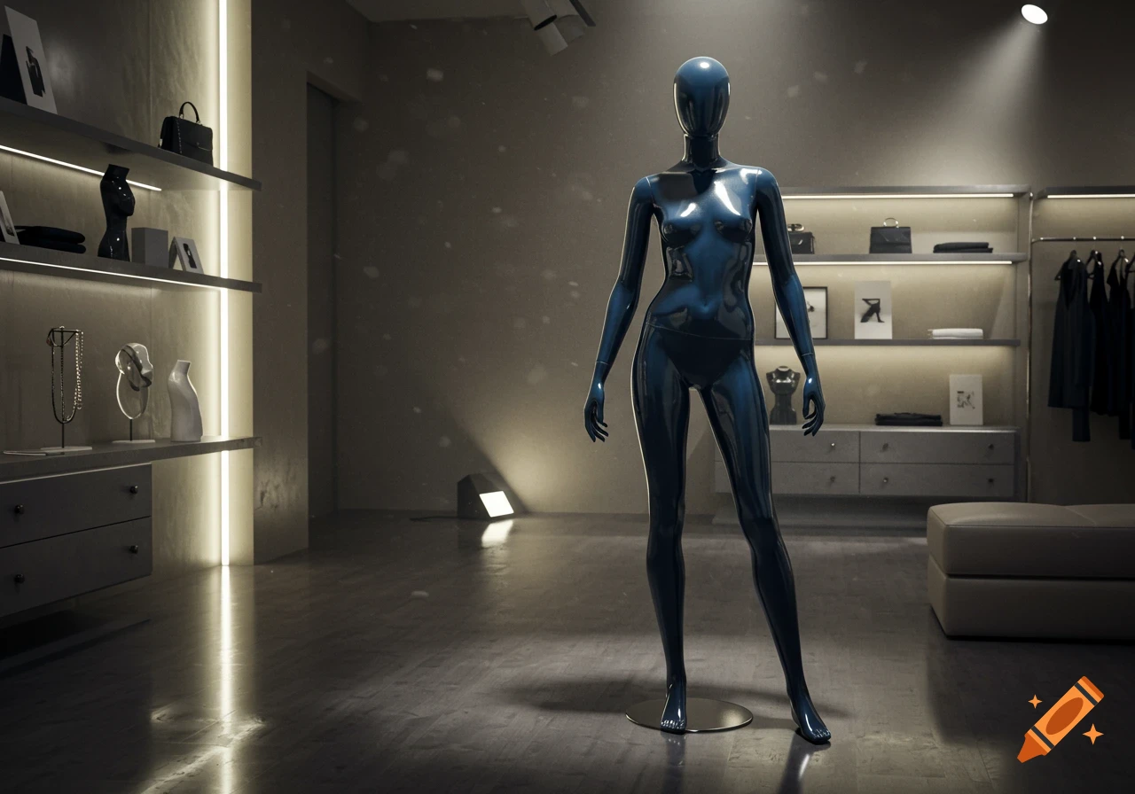 A shiny blue mannequin stands in a modern, dimly lit retail showroom with shelves displaying fashion accessories and clothing.